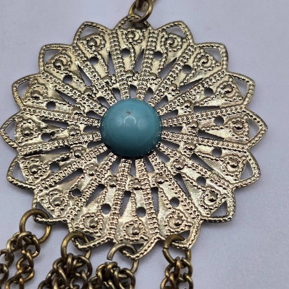 Gold Tone and Blue Statement Necklace Dangling Chains Fashion Boho Festival‎ - Picture 4 of 8